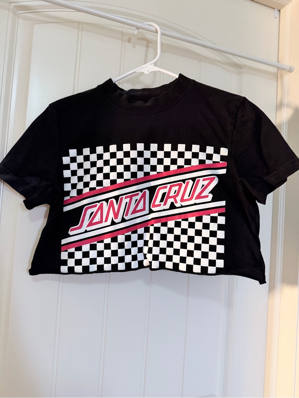 Santa Cruz Skateboards Black Crop Tee with White Checker and Red Logo